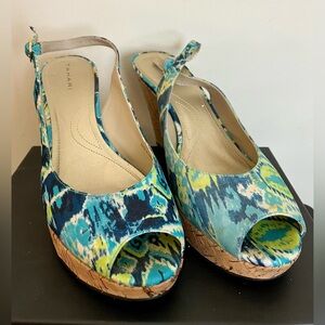 Tahari Women’s Batik Blue Taylor Cork Platform Wedge Sandals, Open Toe; Size 9